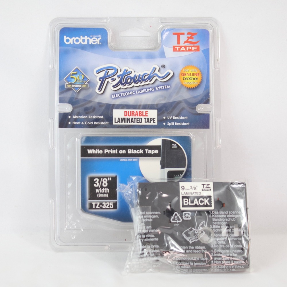 Brother P-Touch TZ-325 Label Tape 3/8 9mm‎ White on Black 2 Pack Bundle - NEW